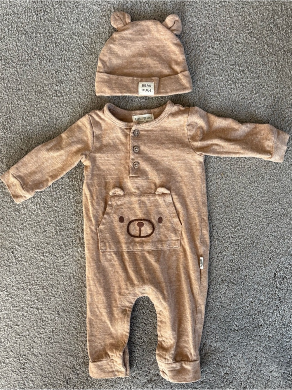 3/$25 Bear Hugs Brown Baby One-Piece with Hat - Rabbit Bear - size 3-6m